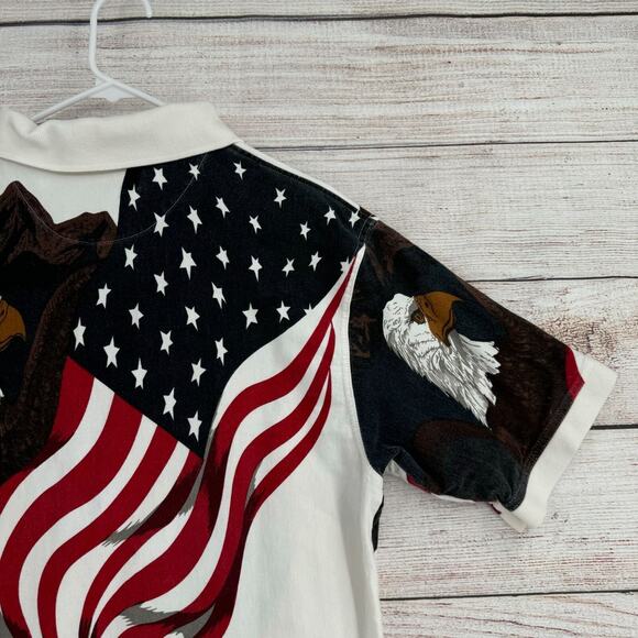 Vintage Royal Air AOP American Flag Bald Eagle Print Polo Shirt Men's L White‎ - Picture 8 of 11